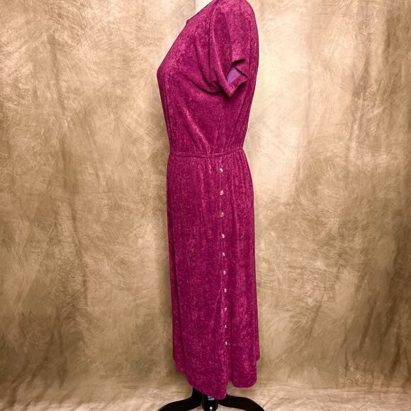 Vintage 70s Union Made Magenta Terry Cloth Shirt Waist Dress Side Button Midi - Picture 2 of 12